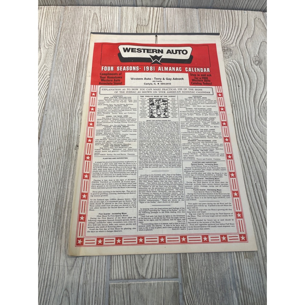 Vintage Western Auto 1981 Almanac Calendar Four Seasons Carlyle IL Advertising